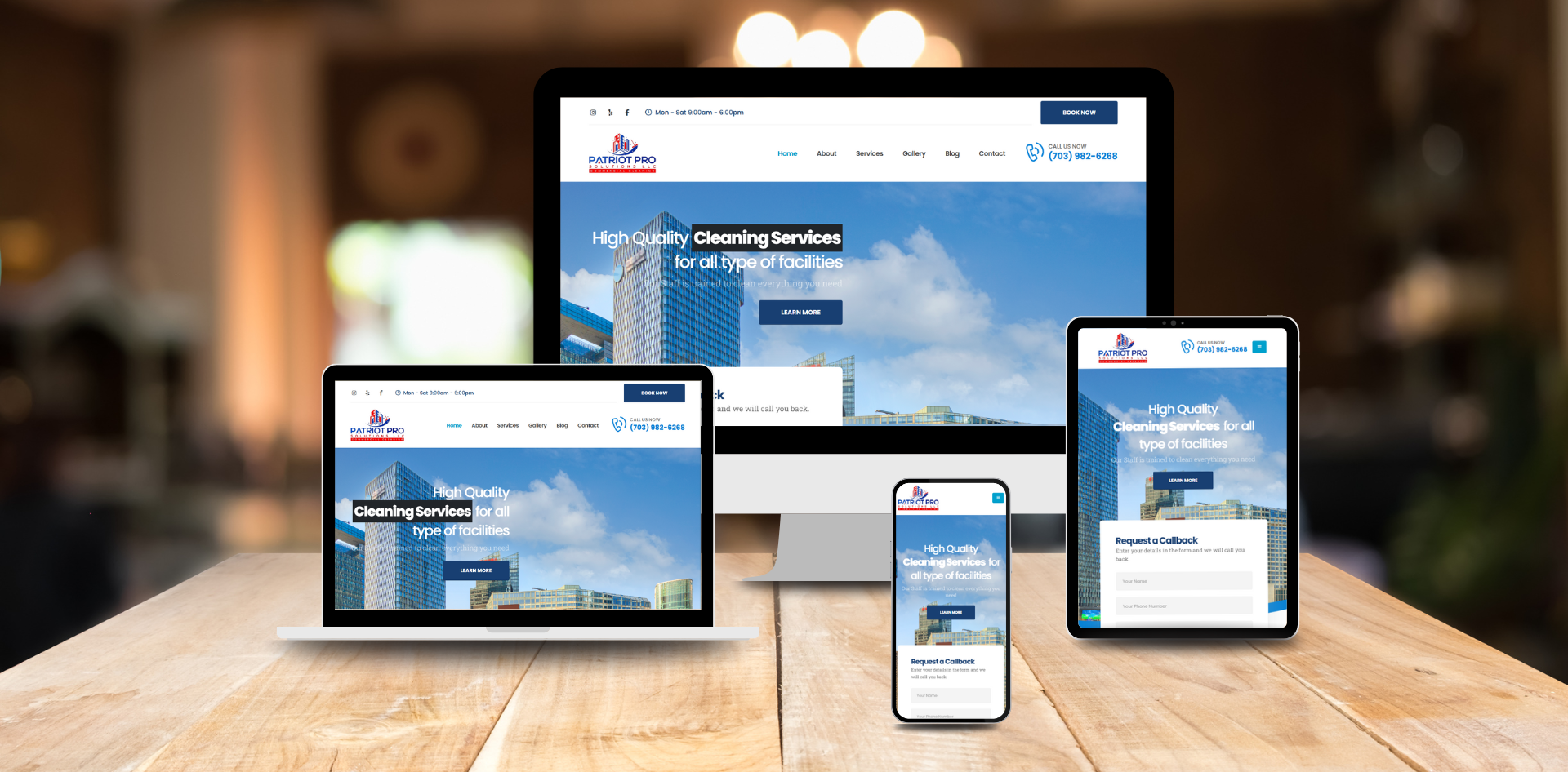 Patriot Pro Solutions Cleaning Service Website homepage displaying commercial and residential cleaning services